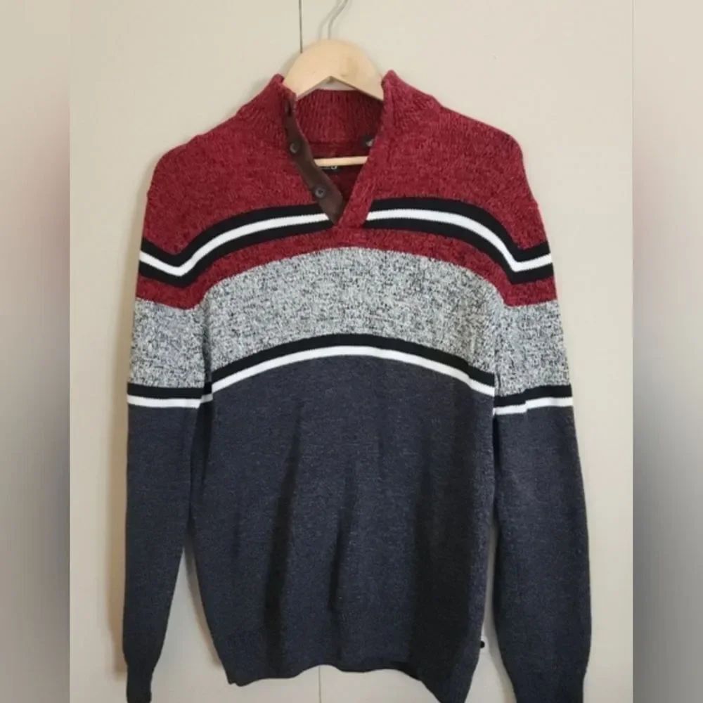 S7 CHAPS Men's Red, Gray, Black Colorblock 1/4 Button Mock Neck Collar Sweater